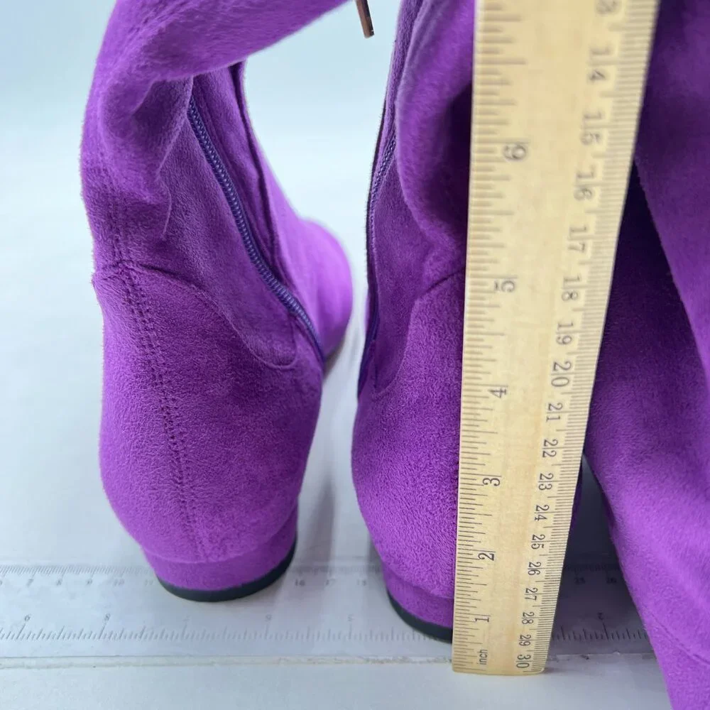 Dark Purple Women Sexy Closed Toe Lace Up Thigh High Low Heel Over The Knee Boot